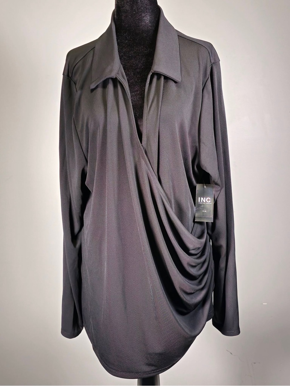 NWT INC International Concepts Black Drape Front Long-Sleeve Top